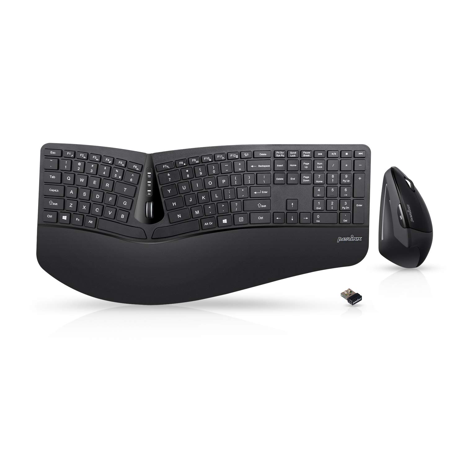 Perixx Periduo-605 Wireless Ergonomic Split Keyboard and Vertical Mouse Combo with Adjustable Palm Rest and Low Profile Keys Black US English Layout