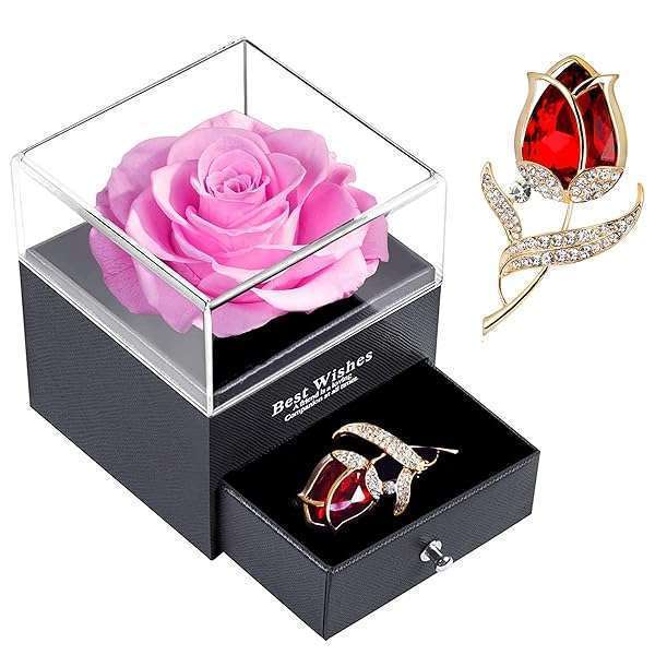 SWEETIME Forever Pink Rose Jewelry Gift Box: Enchanted Real Rose & Ruby Brooch - Ideal Gift for Valentine's, Anniversaries & Birthdays