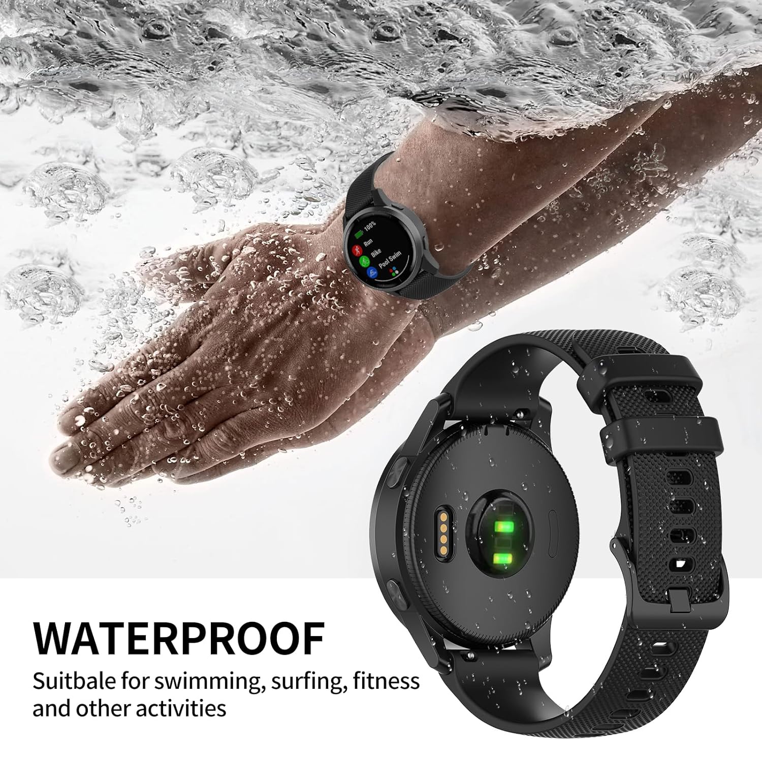 RuenTech Garmin Vivoactive 4 Venu 2 Forerunner 255 Silicone Sport Wristband Black Compatible Watch Band - View 5 of 8