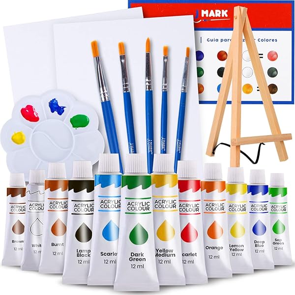 J MARK J MARK Painting Kit: Complete Acrylic Paint Set with Canvases, Brushes & Palette for Artists