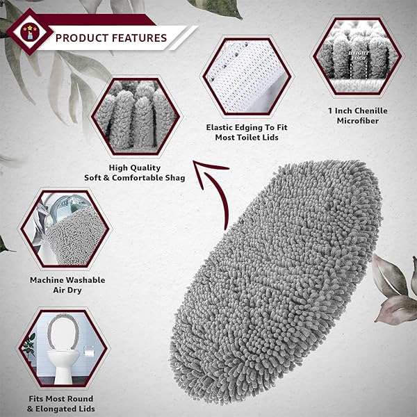 LuxUrux LuxUrux Soft Chenille Toilet Lid Cover - Machine Washable, Non-Slip, Fits Most Sizes, Gray Bathroom Decor - View 9 of 11