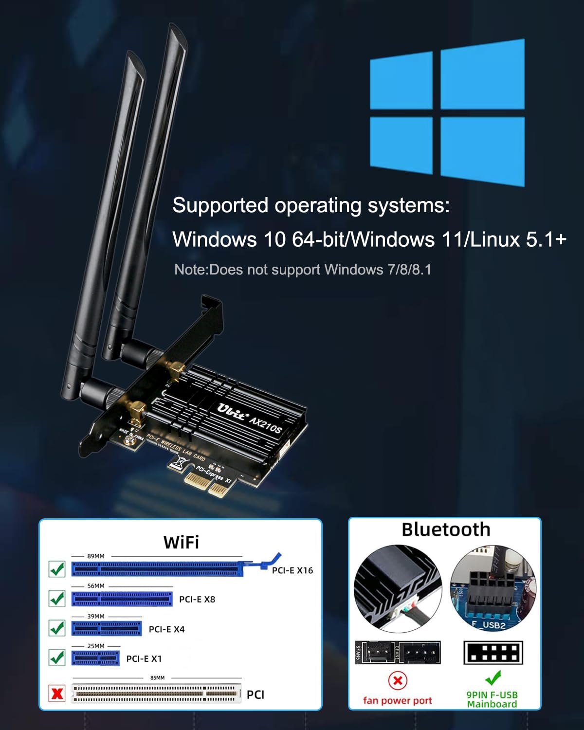 Ubit Ubit WiFi Card 6E 5400Mbps PCIe Network Card with BT 5.2 Ultra Low Latency for Windows 10 and 11 - View 7 of 8