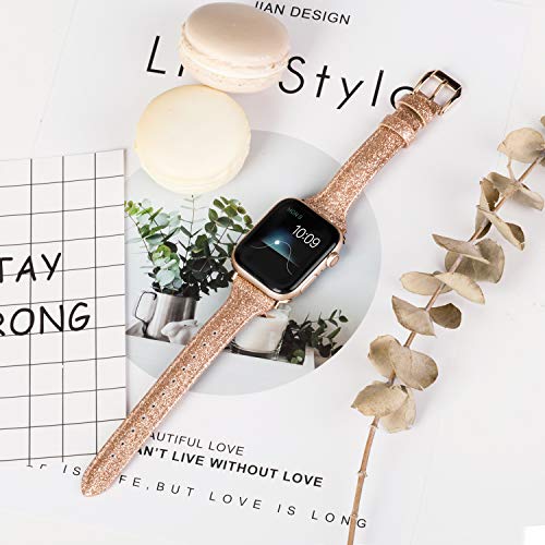 Wearlizer Wearlizer Rose Gold Leather Apple Watch Bands for Series 5 4 3 2 1 Slim Smooth Wristband Bling Glitter Strap with Gold Clasp - View 2 of 7