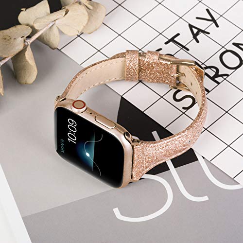 Wearlizer Wearlizer Rose Gold Leather Apple Watch Bands for Series 5 4 3 2 1 Slim Smooth Wristband Bling Glitter Strap with Gold Clasp - View 4 of 7