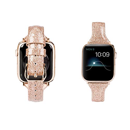 Wearlizer Wearlizer Rose Gold Leather Apple Watch Bands for Series 5 4 3 2 1 Slim Smooth Wristband Bling Glitter Strap with Gold Clasp - View 5 of 7