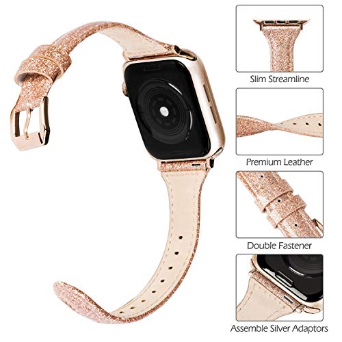 Wearlizer Wearlizer Rose Gold Leather Apple Watch Bands for Series 5 4 3 2 1 Slim Smooth Wristband Bling Glitter Strap with Gold Clasp - View 6 of 7