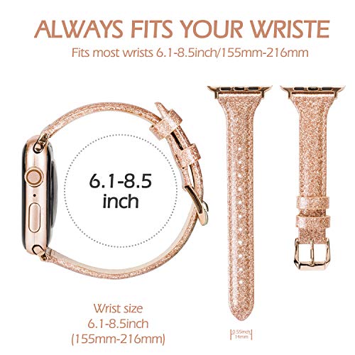 Wearlizer Wearlizer Rose Gold Leather Apple Watch Bands for Series 5 4 3 2 1 Slim Smooth Wristband Bling Glitter Strap with Gold Clasp - View 7 of 7
