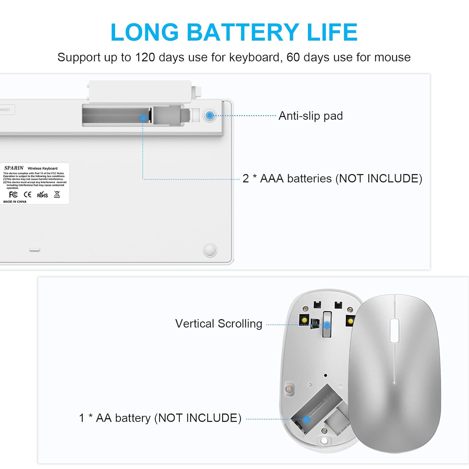 SPARIN SPARIN Wireless Keyboard & Mouse Combo for iPad Pro M4, Air M2, 10th-8th Gen - Silver White - View 7 of 8