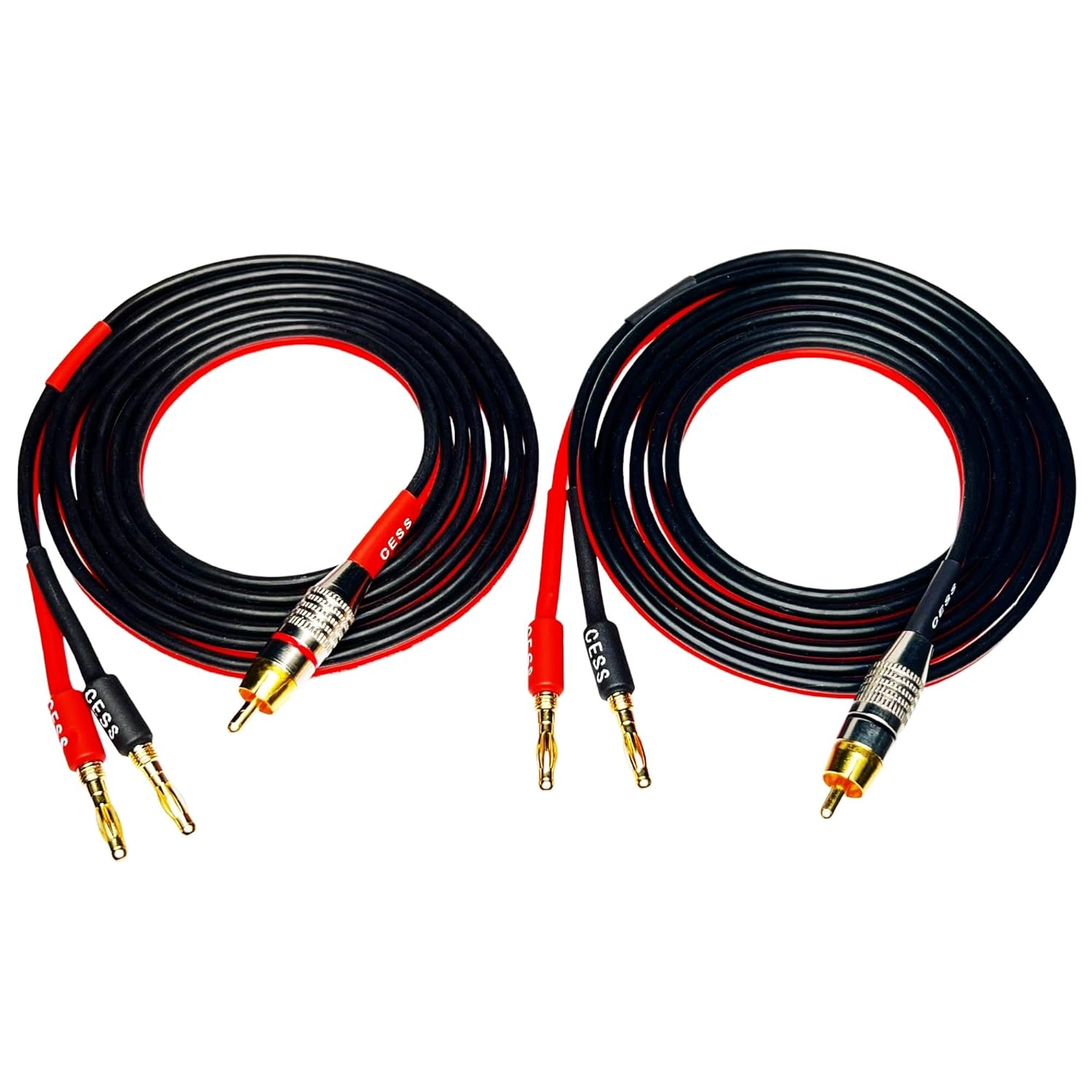 CESS-024-6f Speaker Cable: 6ft RCA to 4mm Banana Plug, Pure Copper, Gold-Plated, 14AWG Soft Silicone Rubber