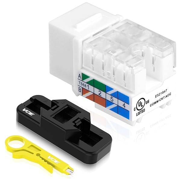 VCE Cat6A RJ45 Keystone Jacks 50-Pack UL Listed 10Gbps with Punch Down Stand and Wire Stripper Cutter for Ethernet Networking