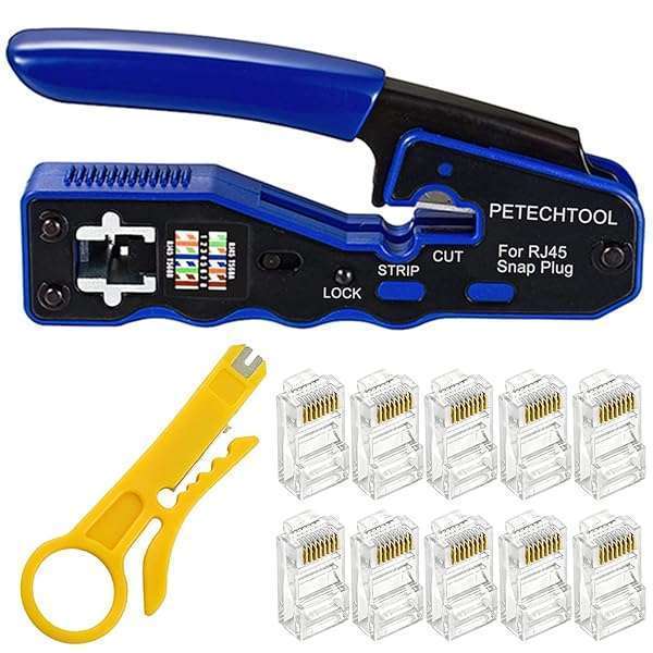 PETECHTOOL RJ45 Crimp Tool Kit: Ethernet Crimper, Stripper & 10 Cat6 Connectors for Cat5e/Cat6/Cat6a - Perfect for DIY Networking!