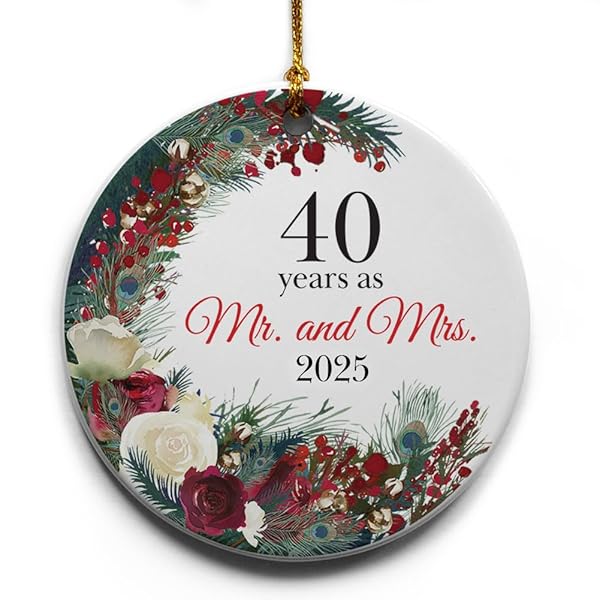 40th Anniversary Wreath Ceramic Christmas Tree Ornament Collectible Holiday Keepsake 2.875 Inch Round Gift Boxed for Parents and Couples