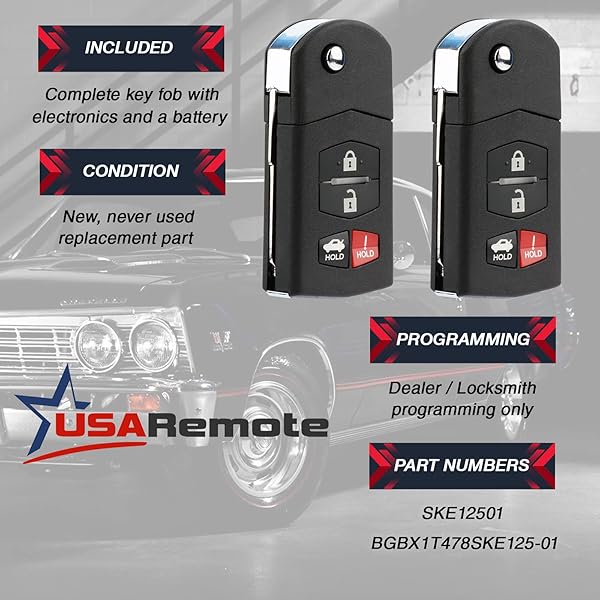 USARemote Key Fob for Mazda MX-5 Miata Mazda 3 Mazda 6 Flip Keyless Entry Remote Set of 2 BGBX1T478SKE125-01 - View 3 of 6