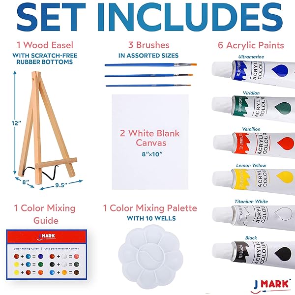 J MARK J MARK Mini Canvas Acrylic Paint Set: Complete Kit with Easel, Canvases, Brushes & More for Creative Art Projects - View 3 of 10