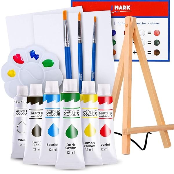 J MARK J MARK Mini Canvas Acrylic Paint Set: Complete Kit with Easel, Canvases, Brushes & More for Creative Art Projects