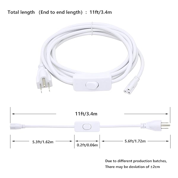 SinLoon SinLoon 11FT US Plug Power Cord with On Off Switch for LED T5 T8 Light Tube Fixture Extension Cable 3 Core Integrated Lights Connector - View 5 of 7