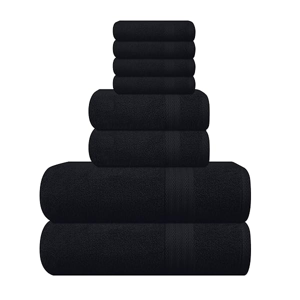 GLAMBURG GLAMBURG Ultra Soft 8-Piece Towel Set - 100% Cotton Oversized Bath Towels & Wash Cloths for Home, Hotel & Spa - Luxurious Black