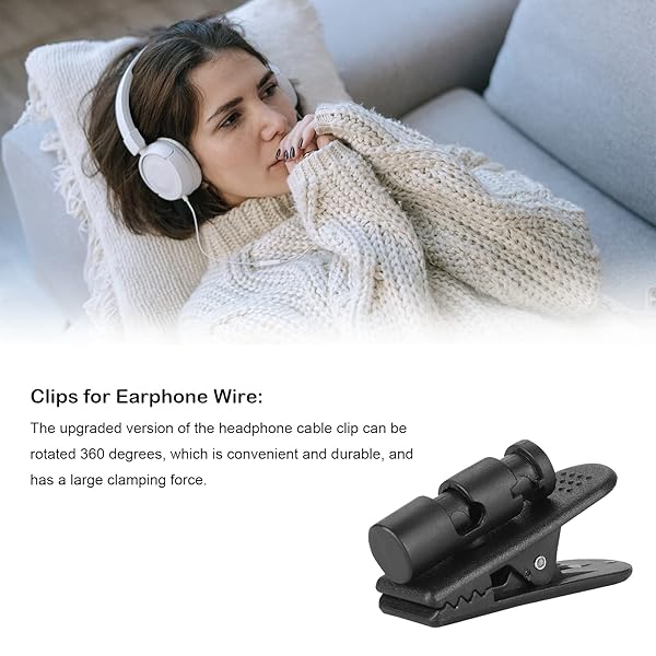 ASHATA ASHATA 2 Pieces Headphone Clips 360 Degree Rotate Earphone Cable Clothing Clip for 2-4mm Headphone Wire Black - View 2 of 8