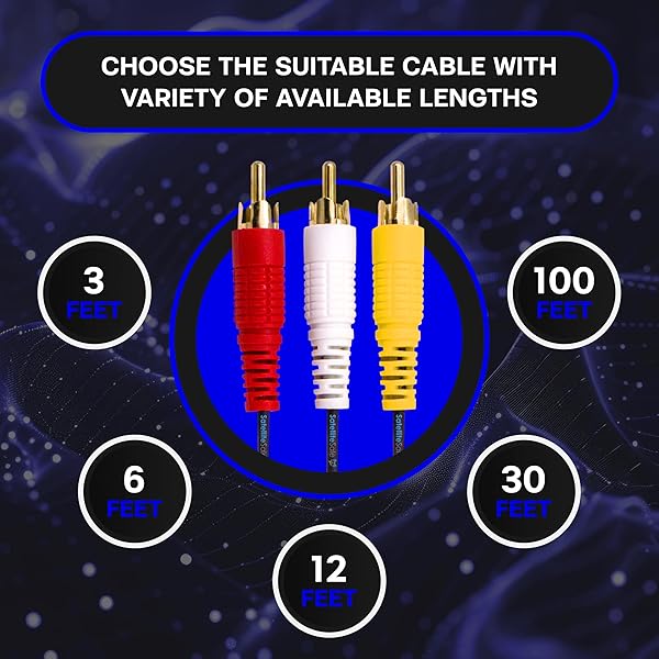 SatelliteSale 12ft RCA Audio Video Cable - 3 Male to 3 Male AV Composite - Universal PVC Black Cord by SatelliteSale - View 7 of 10