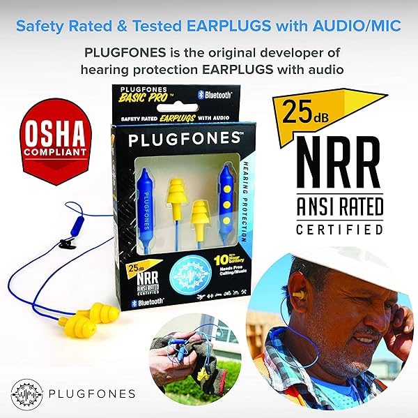 Plugfones Plugfones Basic Pro Wireless Bluetooth Earbuds: Noise-Reducing Earplugs with Mic & Controls (Blue & Yellow) - View 3 of 9