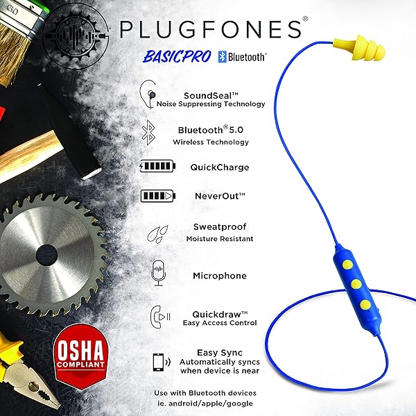 Plugfones Plugfones Basic Pro Wireless Bluetooth Earbuds: Noise-Reducing Earplugs with Mic & Controls (Blue & Yellow) - View 4 of 9