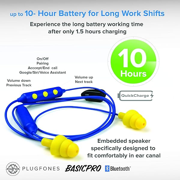 Plugfones Plugfones Basic Pro Wireless Bluetooth Earbuds: Noise-Reducing Earplugs with Mic & Controls (Blue & Yellow) - View 5 of 9