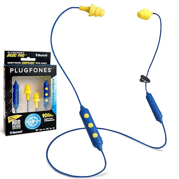 Plugfones Plugfones Basic Pro Wireless Bluetooth Earbuds: Noise-Reducing Earplugs with Mic & Controls (Blue & Yellow) - View 2 of 9