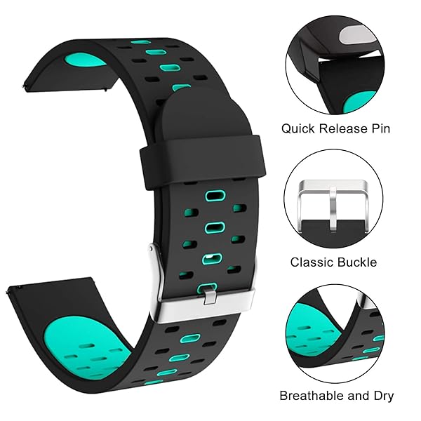 ISABAKE ISABAKE 20mm Soft Silicone Watch Band for Garmin Vivoactive 3 Forerunner 245 645 Venu Sq Vivomove HR Replacement Strap Black Green - View 2 of 7