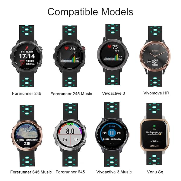 ISABAKE ISABAKE 20mm Soft Silicone Watch Band for Garmin Vivoactive 3 Forerunner 245 645 Venu Sq Vivomove HR Replacement Strap Black Green - View 3 of 7