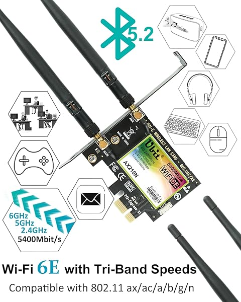 Ubit Ubit PCIe WiFi Card 6E 5400Mbps Dual Band WiFi Adapter with BT 5.2 for Windows 10 and 11 Ultra Low Latency - View 2 of 8