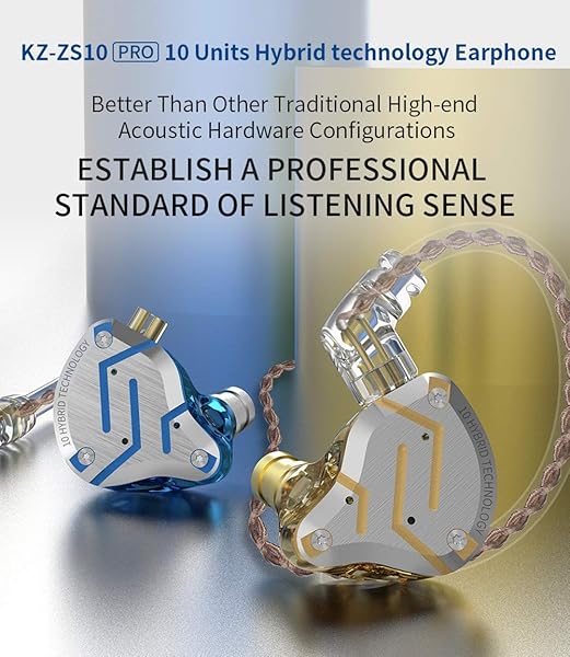 erjigo KZ ZS10 PRO High Fidelity Noise Isolating Earbuds with Detachable Cable 2Pin 0.75mm Glare Gold Five Driver Headphones - View 4 of 8