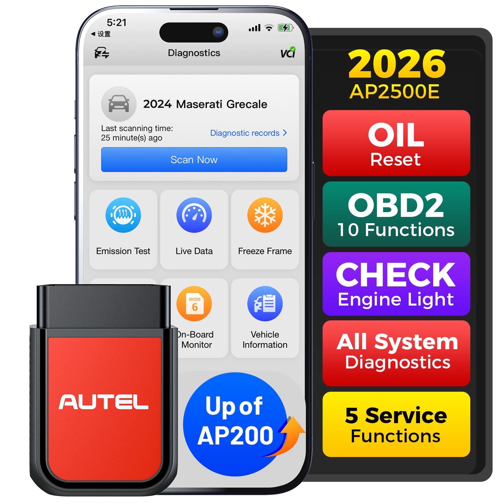 Autel Autel AP2500 OBD2 Scanner Bluetooth Code Reader All System Diagnostic Tool with AutoVIN and 5 Hot Resets for iOS