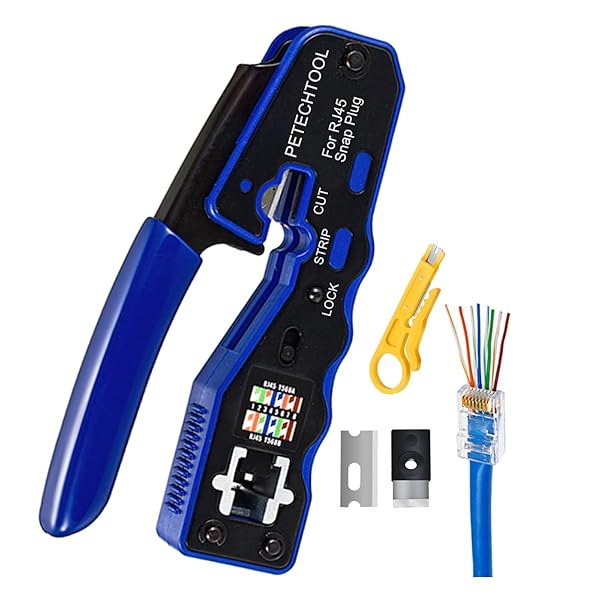 PETECHTOOL RJ45 Crimp Tool Pass Through Crimper for Cat6a Cat6 Cat5e Ethernet Connector Cutter