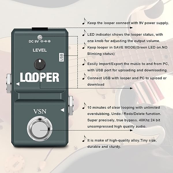 VSN VSN 48K Looper Electric Guitar Effect Loop Pedal with 10 Minutes Looping Unlimited Overdubs and True Bypass USB Port - View 6 of 11
