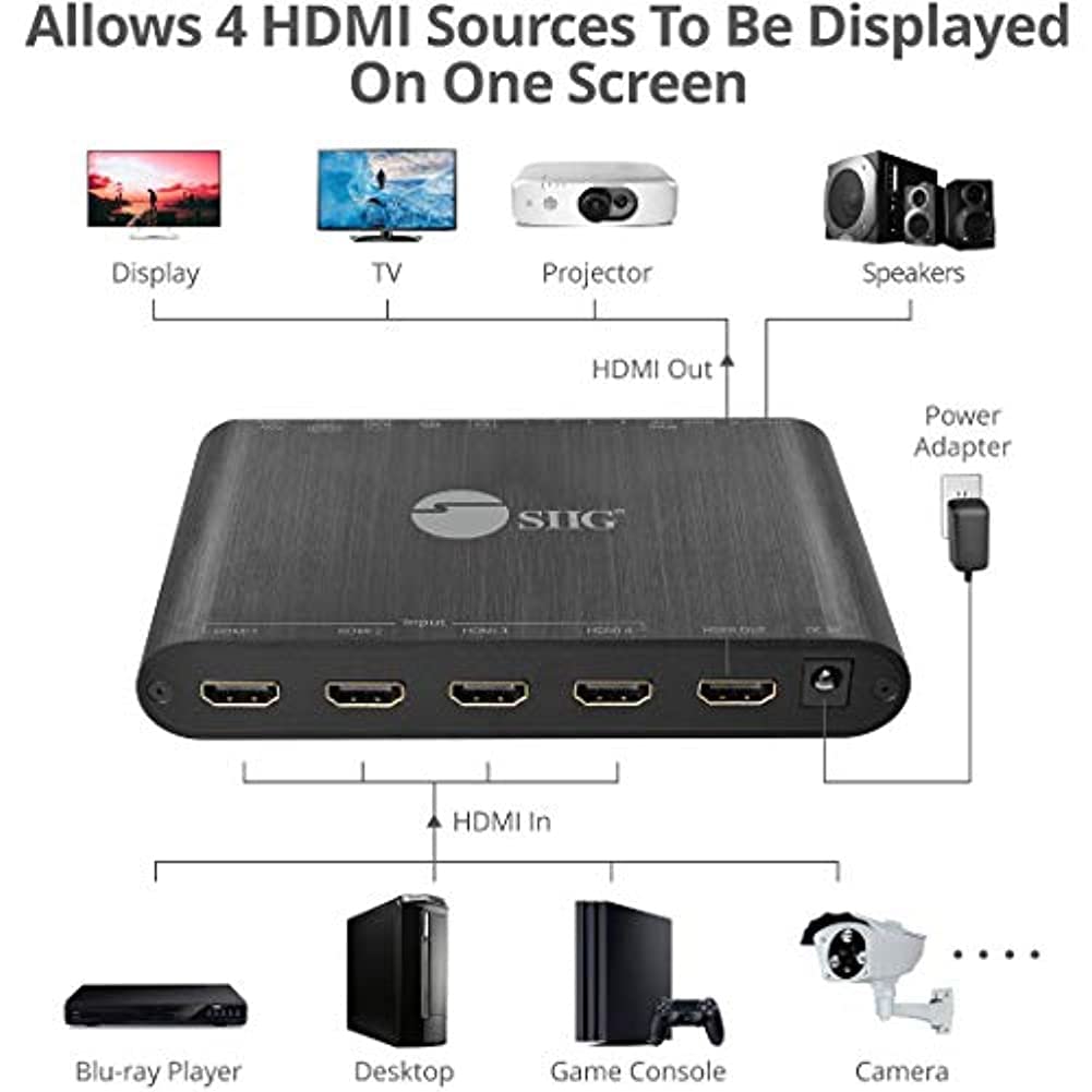 SIIG 1080p 4x1 HDMI Quad Multi-Viewer Seamless Switcher for PC DVD Security Camera with IR Remote Control and Audio Extractor - View 2 of 4