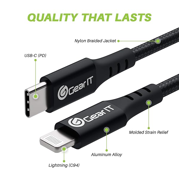 GEARit GearIT 10ft Lightning to USB-C Cable Mfi Certified Nylon Braided Fast Charging for iPhone iPad Power Delivery Black - View 3 of 9