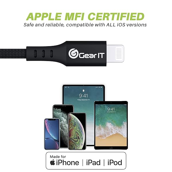 GEARit GearIT 10ft Lightning to USB-C Cable Mfi Certified Nylon Braided Fast Charging for iPhone iPad Power Delivery Black - View 7 of 9