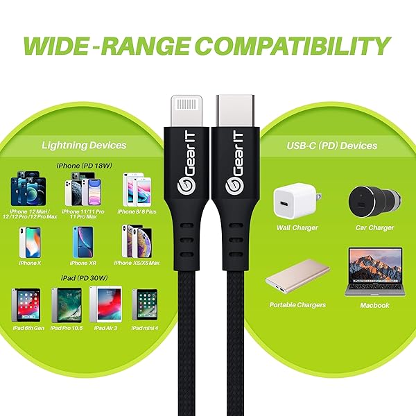 GEARit GearIT 10ft Lightning to USB-C Cable Mfi Certified Nylon Braided Fast Charging for iPhone iPad Power Delivery Black - View 8 of 9