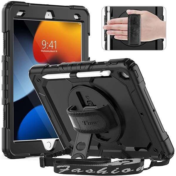 timecity Timecity Case for iPad 9th/ 8th/ 7th Generation 10.2 inch (Case for iPad 9/8/ 7 Gen): with Strong Protection, Screen Protector, Hand/Shoulder Strap, Rotating Stand, Pencil Holder - Black