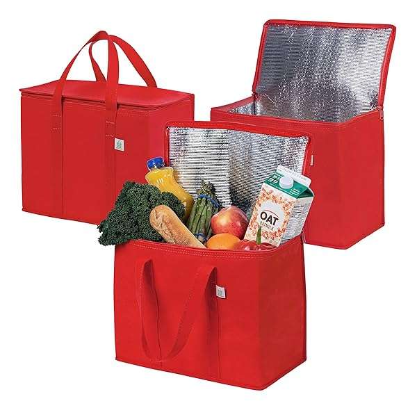 VENO 3 Pack Cooler Bags: Insulated Grocery & Food Delivery Bags - Heavy-Duty, Collapsible, Reusable & Zippered (Red)