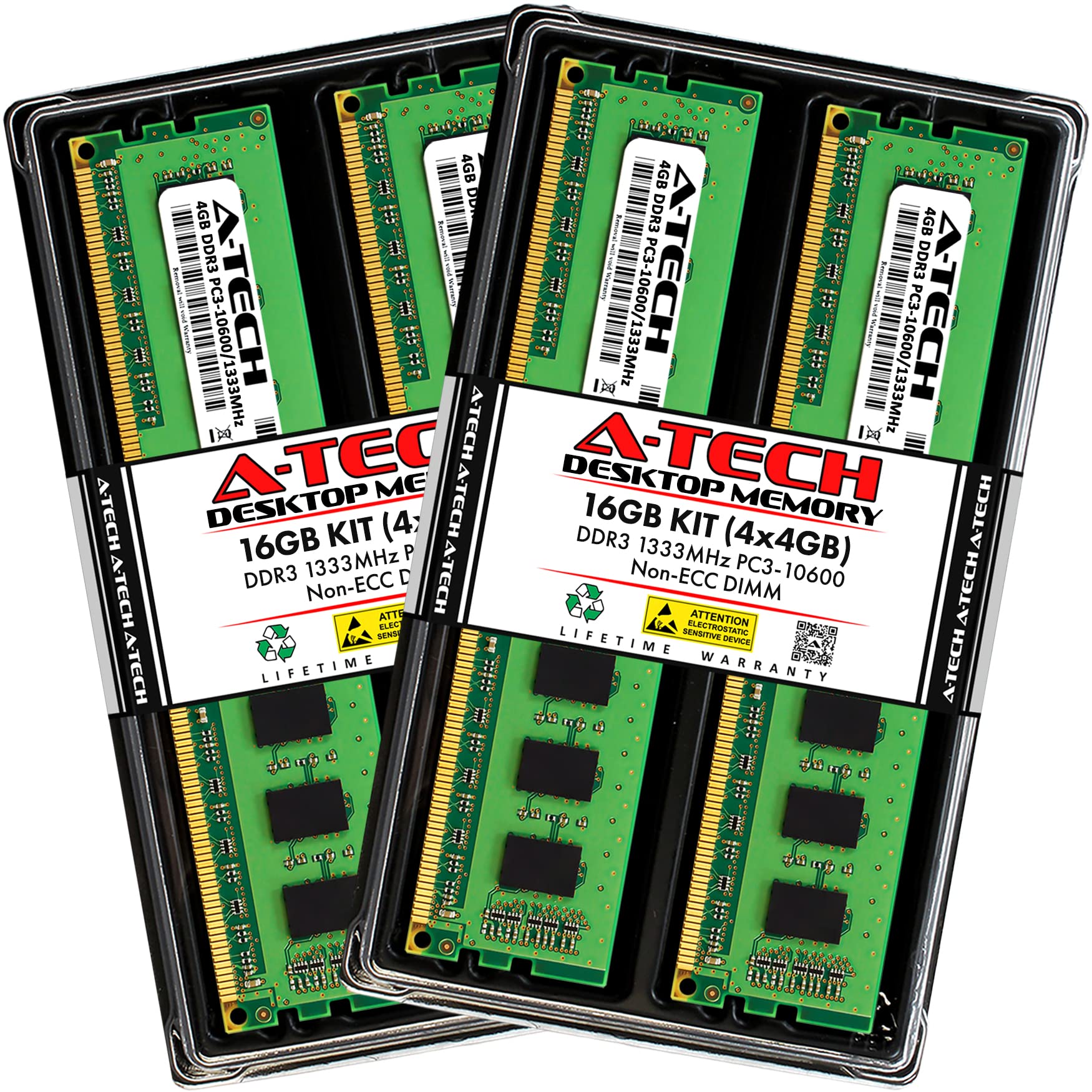 A-Tech 16GB DDR3 RAM Kit 4x4GB 1333 MHz PC3-10600 Desktop Memory CL9 240-Pin UDIMM Non-ECC Upgrade Modules