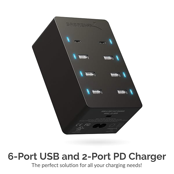 SABRENT Buy SABRENT 100W 8-Port USB Rapid Charger - UL Certified with 2 PD Ports for Fast Charging - View 4 of 9