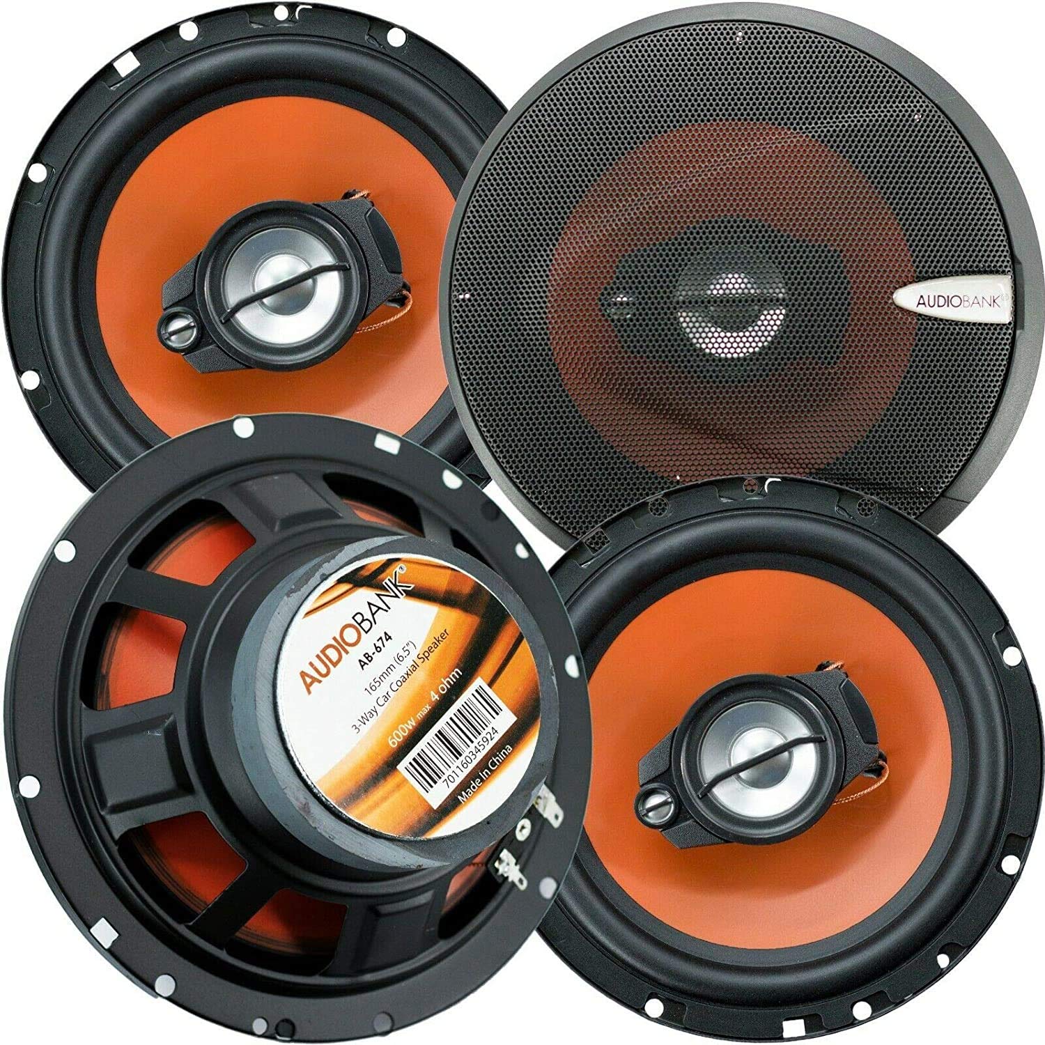 Audiobank 6.5 Inch 600 Watt Peak Power 3 Way Orange Car Audio Stereo Coaxial Speakers AB674 with 88dB Sensitivity and 802000 Hz Frequency Response