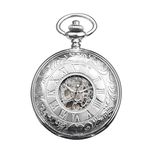 TREEWETO TREEWETO Men's Mechanical Skeleton Pocket Watch Roman Numerals Silver Tone Double Case for Men and Women - View 2 of 7