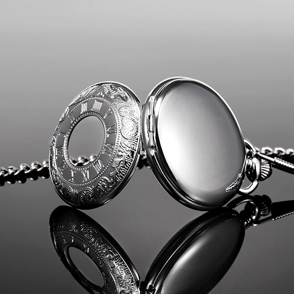 TREEWETO TREEWETO Men's Mechanical Skeleton Pocket Watch Roman Numerals Silver Tone Double Case for Men and Women - View 3 of 7