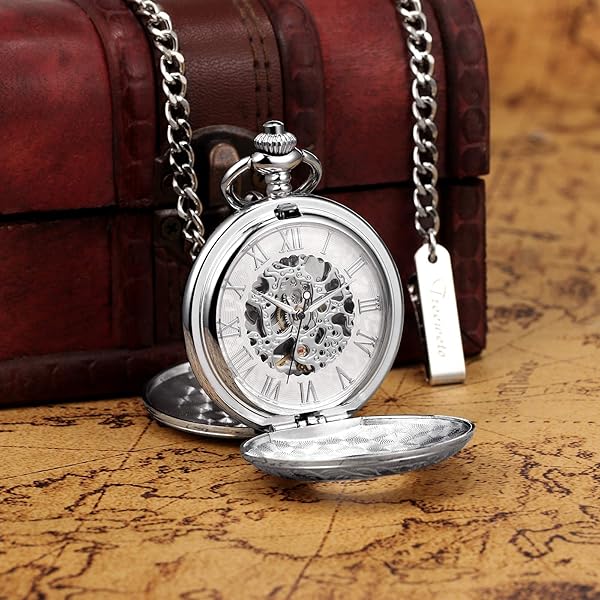 TREEWETO TREEWETO Men's Mechanical Skeleton Pocket Watch Roman Numerals Silver Tone Double Case for Men and Women - View 4 of 7