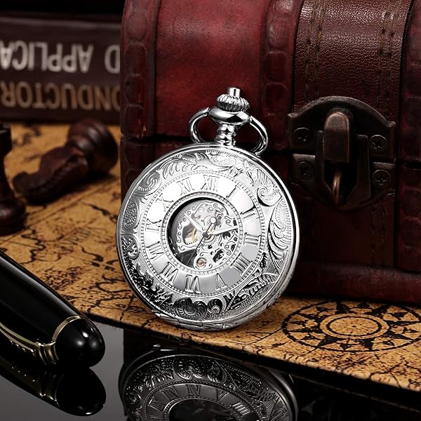 TREEWETO TREEWETO Men's Mechanical Skeleton Pocket Watch Roman Numerals Silver Tone Double Case for Men and Women - View 5 of 7
