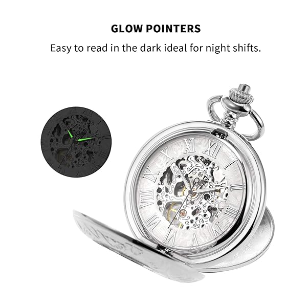 TREEWETO TREEWETO Men's Mechanical Skeleton Pocket Watch Roman Numerals Silver Tone Double Case for Men and Women - View 6 of 7