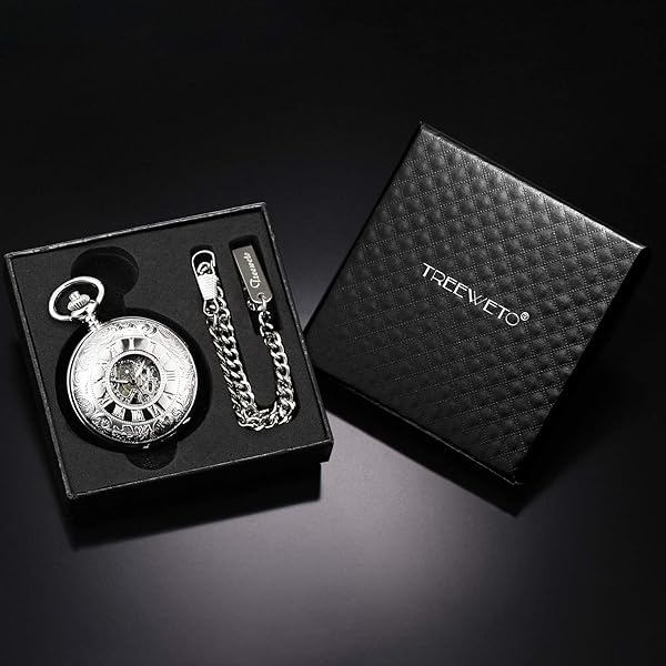 TREEWETO TREEWETO Men's Mechanical Skeleton Pocket Watch Roman Numerals Silver Tone Double Case for Men and Women - View 7 of 7