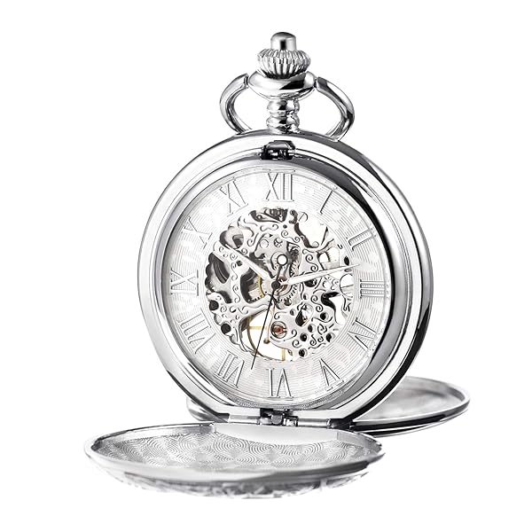 TREEWETO Men's Mechanical Skeleton Pocket Watch Roman Numerals Silver Tone Double Case for Men and Women